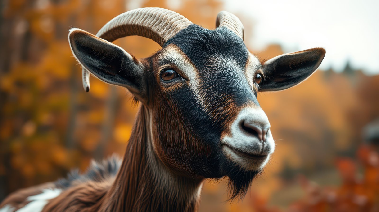 Goat stands gracefully amidst the autumn foliage in a rural setting during late afternoon light